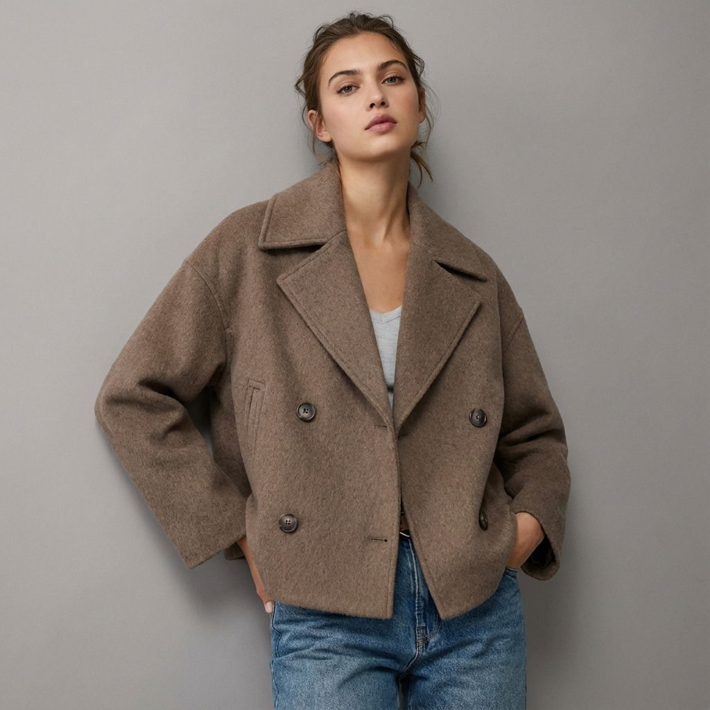 Women's short double-breasted coat with wide lapels and long sleeves