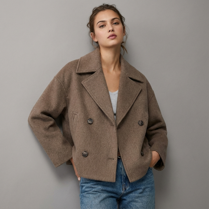 Women's short double-breasted coat with wide lapels and long sleeves