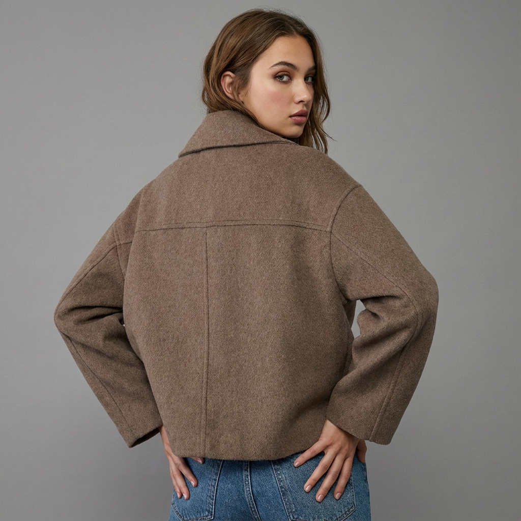 Women's short double-breasted coat with wide lapels and long sleeves
