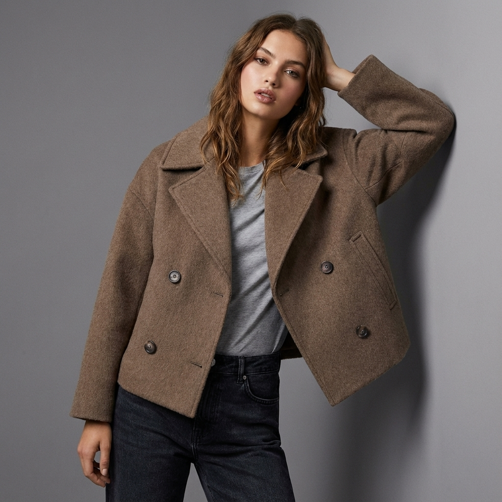 Women's short double-breasted coat with wide lapels and long sleeves