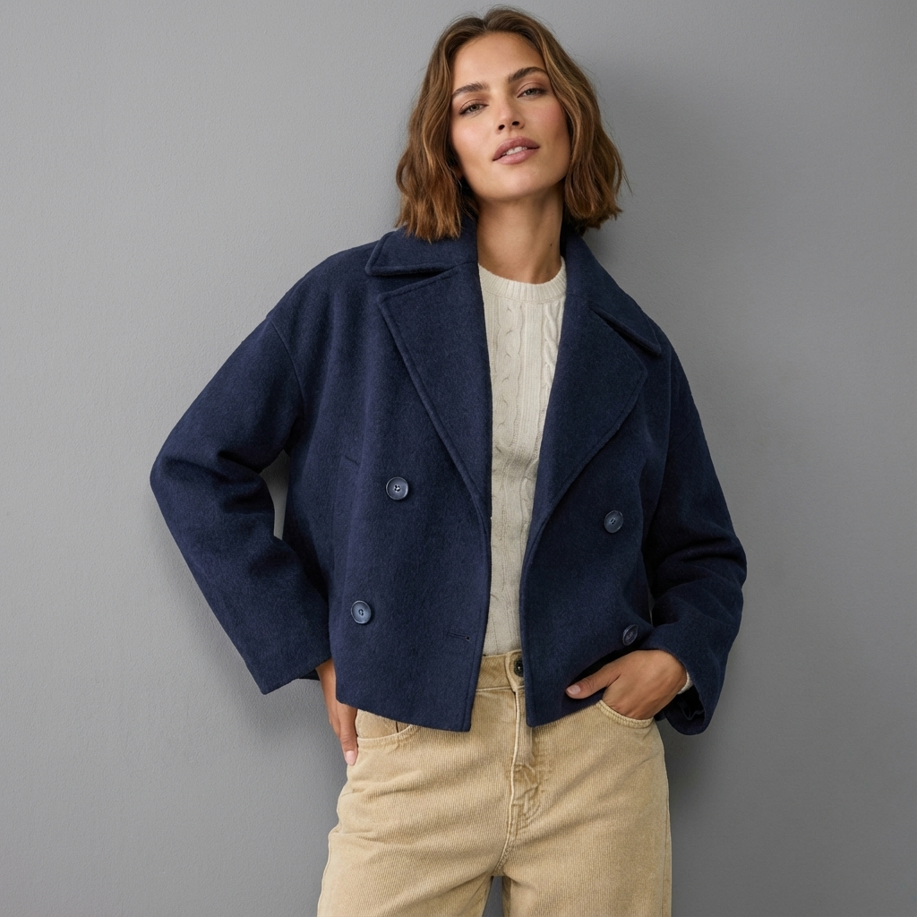 Women's short double-breasted coat with wide lapels and long sleeves