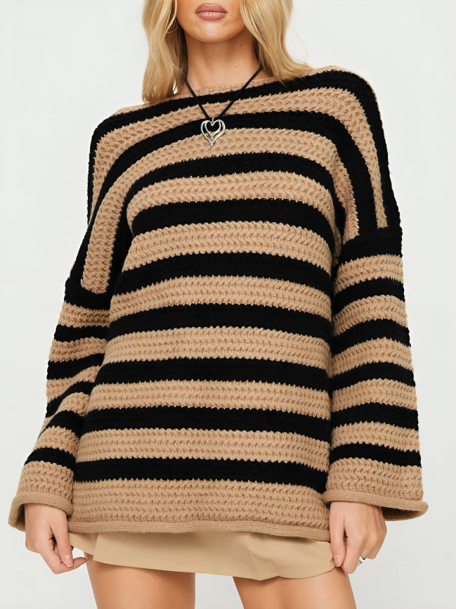 Women's oversized chunky knit sweater with bold horizontal stripes and long sleeves