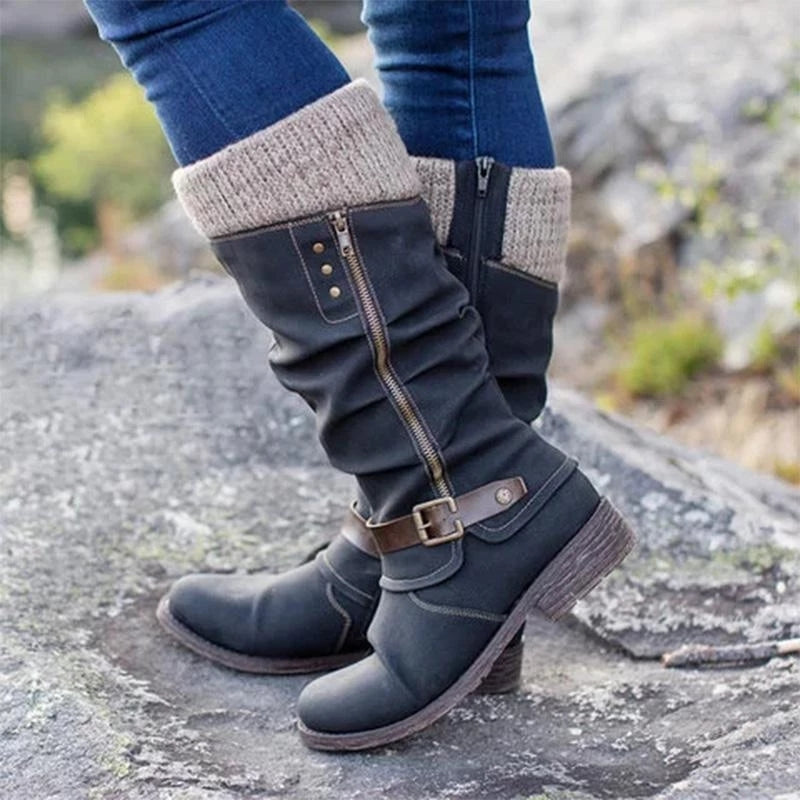 Women's slouch calf boots with knit cuffs, side zippers and buckle straps