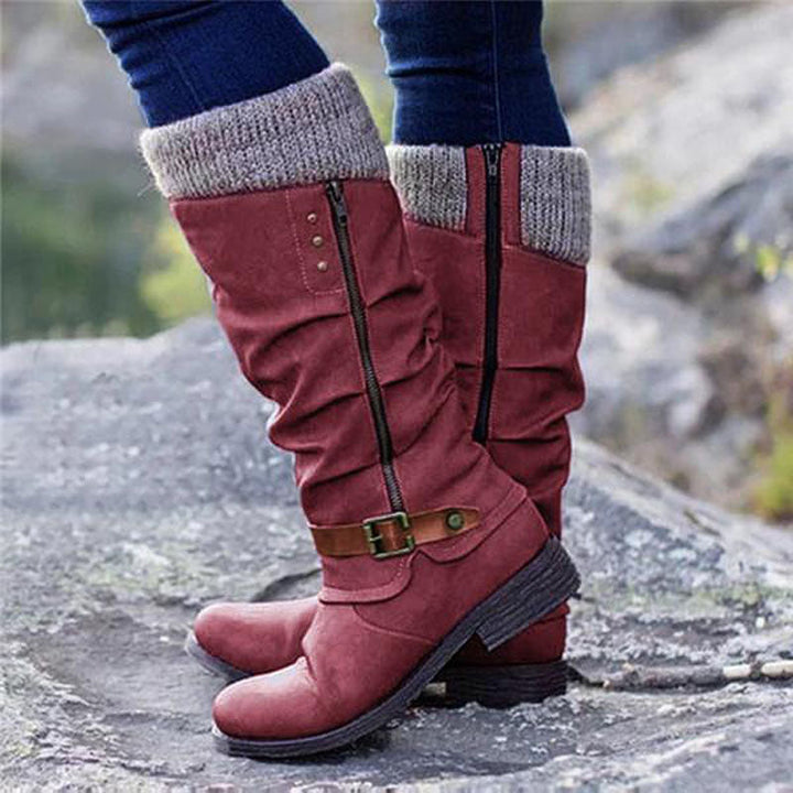 Women's slouch calf boots with knit cuffs, side zippers and buckle straps