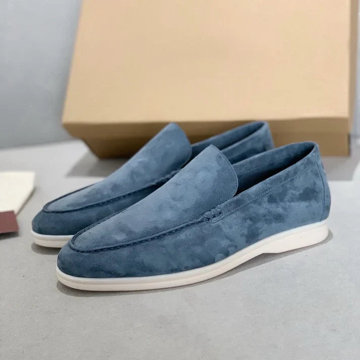 Women's suede-finish slip-on loafers with rounded moc toes and contrasting flat soles