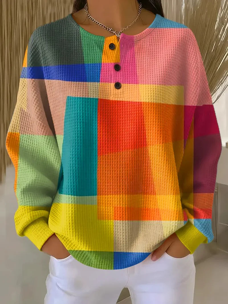 Women's multicolor geometric colorblock waffle sweatshirt with crew neck and long sleeves