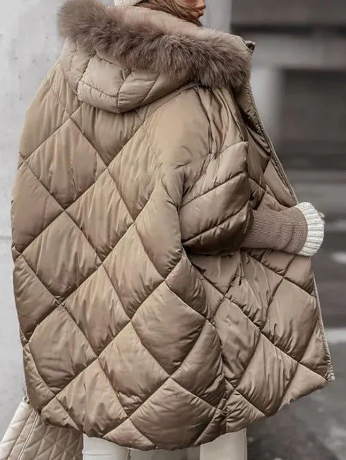 Women's quilted hooded puffer coat with diamond stitching and plush hood trim