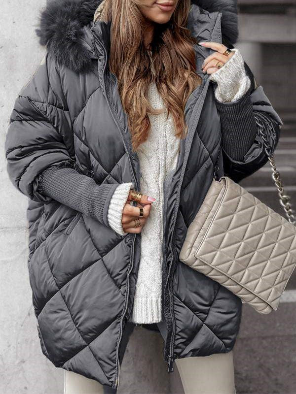 Women's quilted hooded puffer coat with diamond stitching and plush hood trim