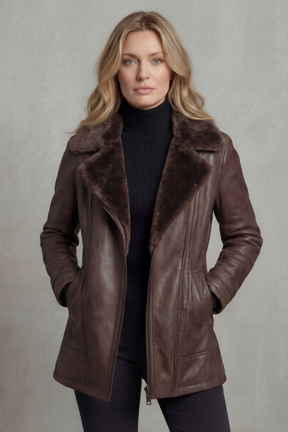 Women's brown jacket with plush-textured collar, long sleeves and front zipper