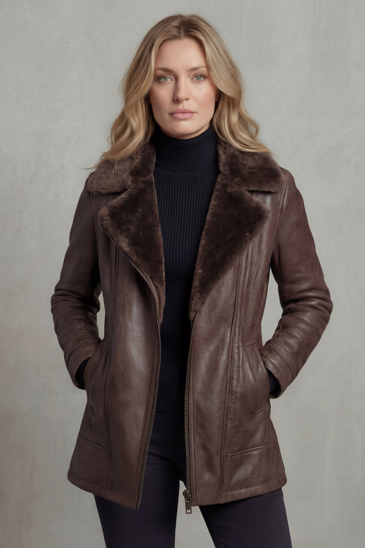 Women's brown jacket with plush-textured collar, long sleeves and front zipper
