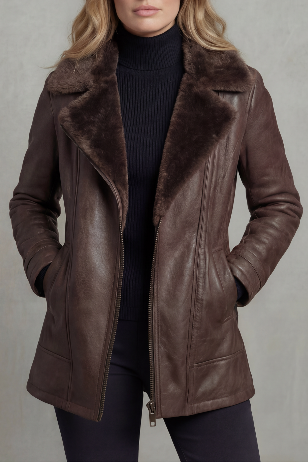 Women's brown jacket with plush-textured collar, long sleeves and front zipper