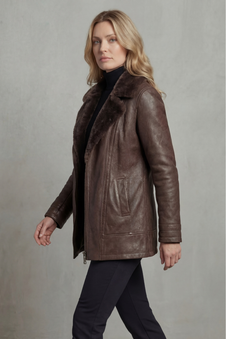 Women's brown jacket with plush-textured collar, long sleeves and front zipper