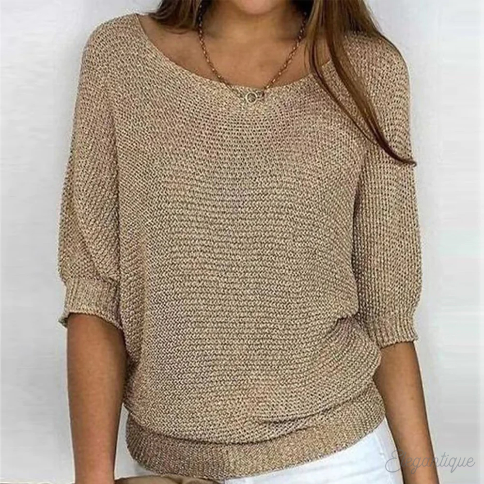Women's textured jumper with wide 3/4 sleeves and round neck
