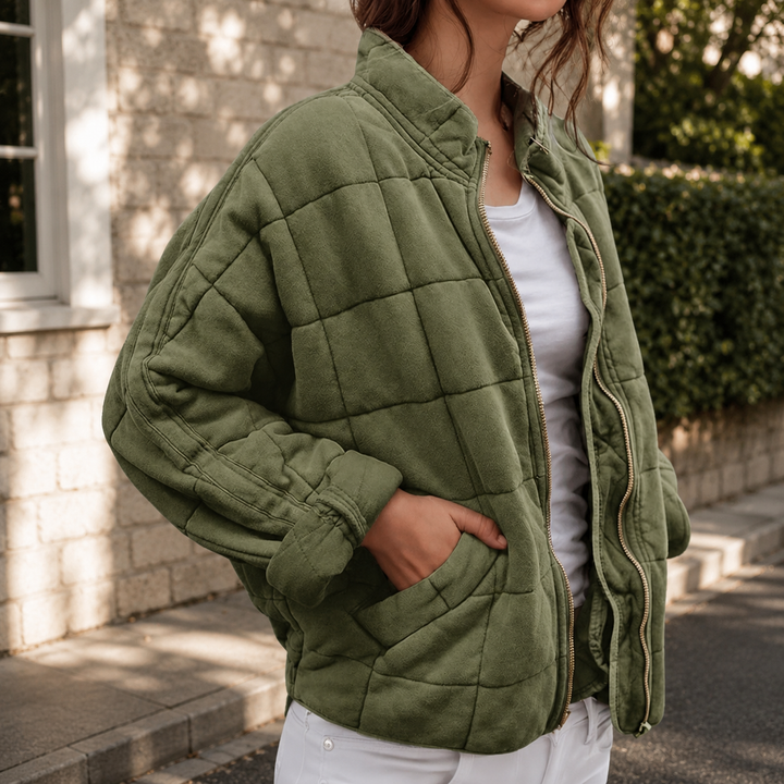 Women's relaxed quilted jacket with stand collar, long sleeves, zip front and patch pockets