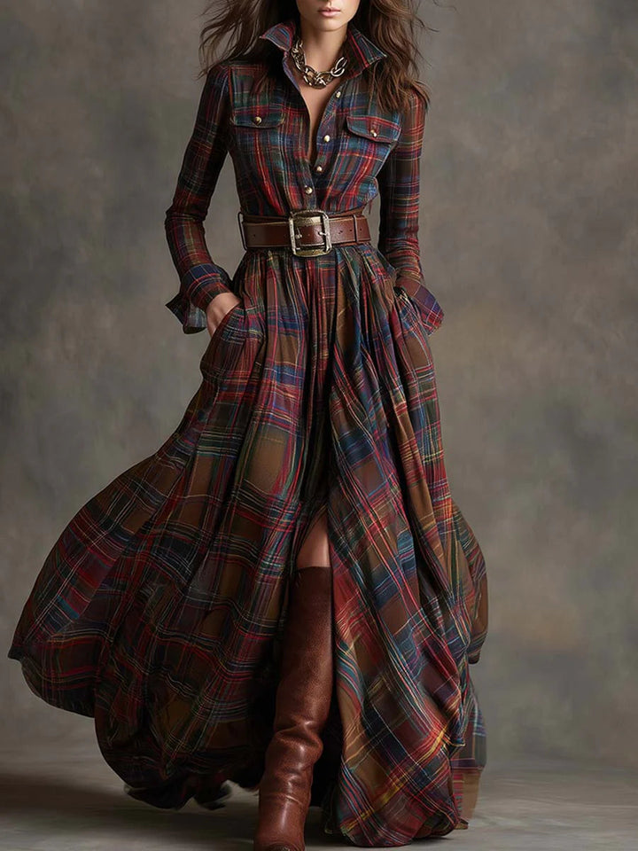 Women's long-sleeved plaid shirt maxi dress with belt and full skirt
