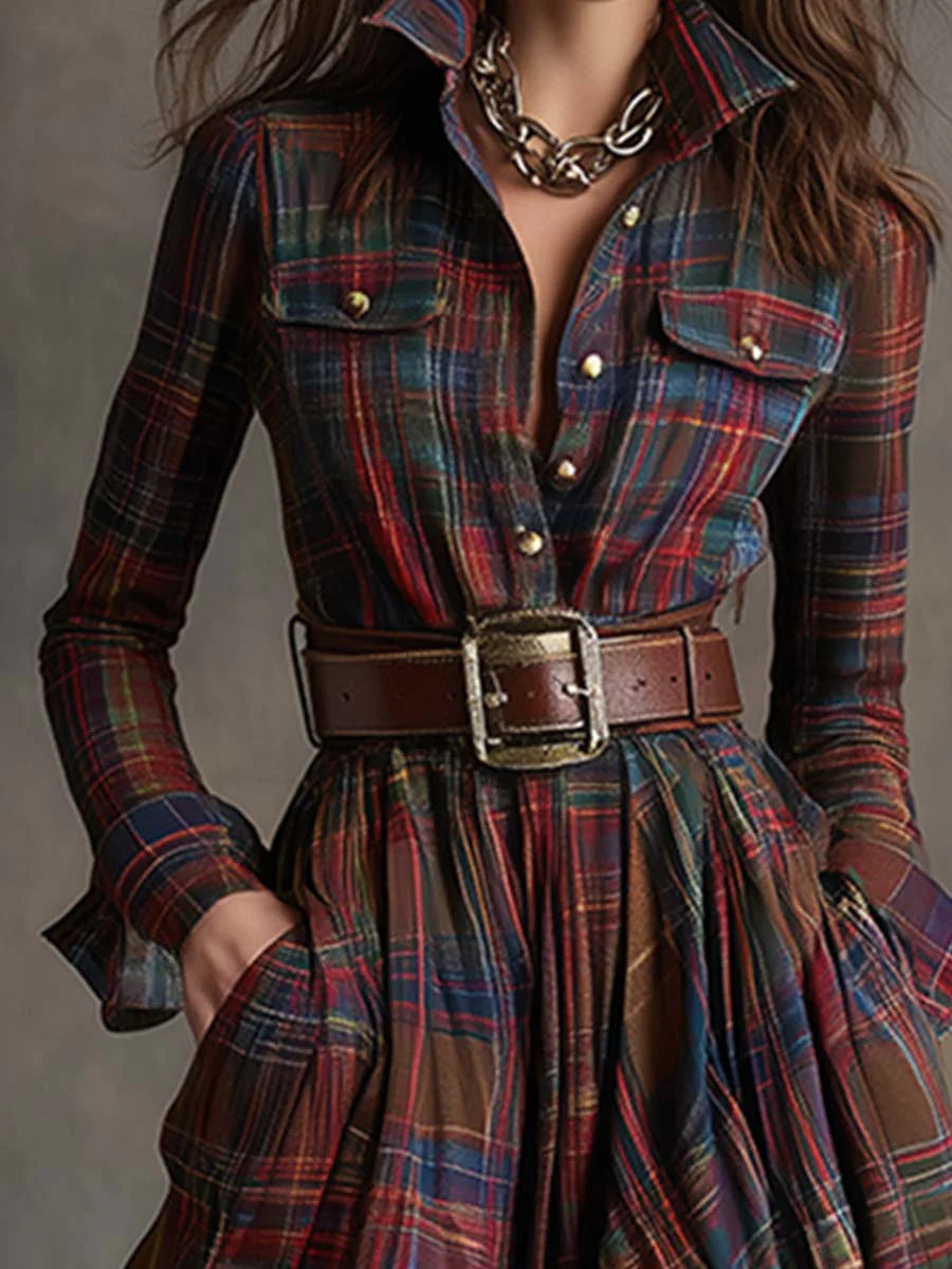 Women's long-sleeved plaid shirt maxi dress with belt and full skirt