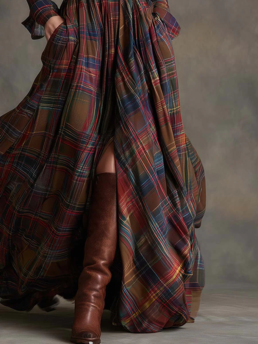 Women's long-sleeved plaid shirt maxi dress with belt and full skirt