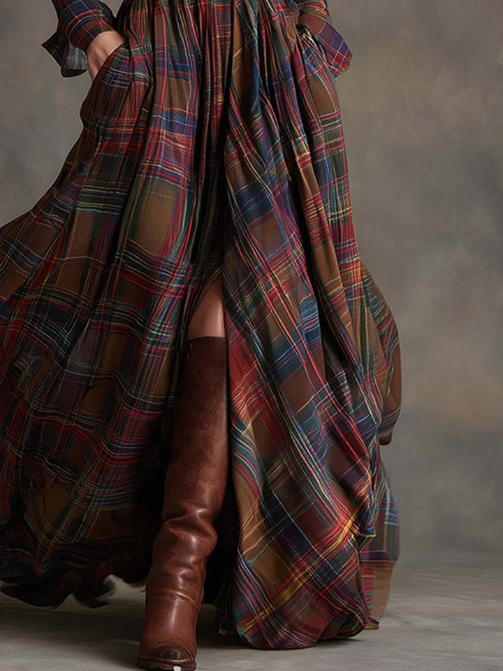 Women's long-sleeved plaid shirt maxi dress with belt and full skirt