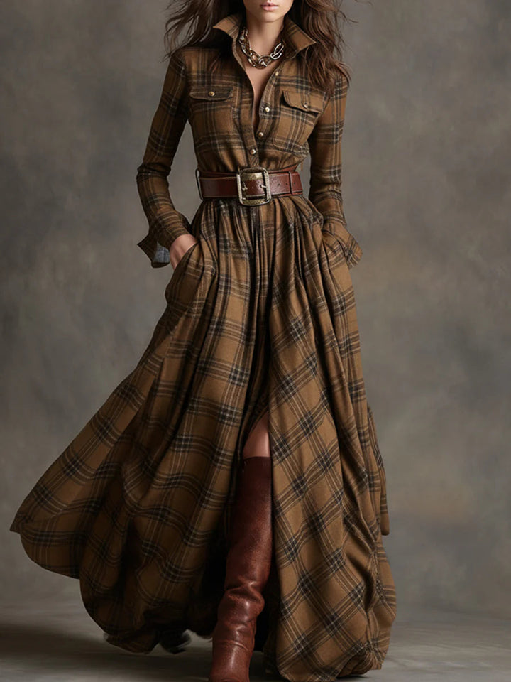 Women's long-sleeved plaid shirt maxi dress with belt and full skirt