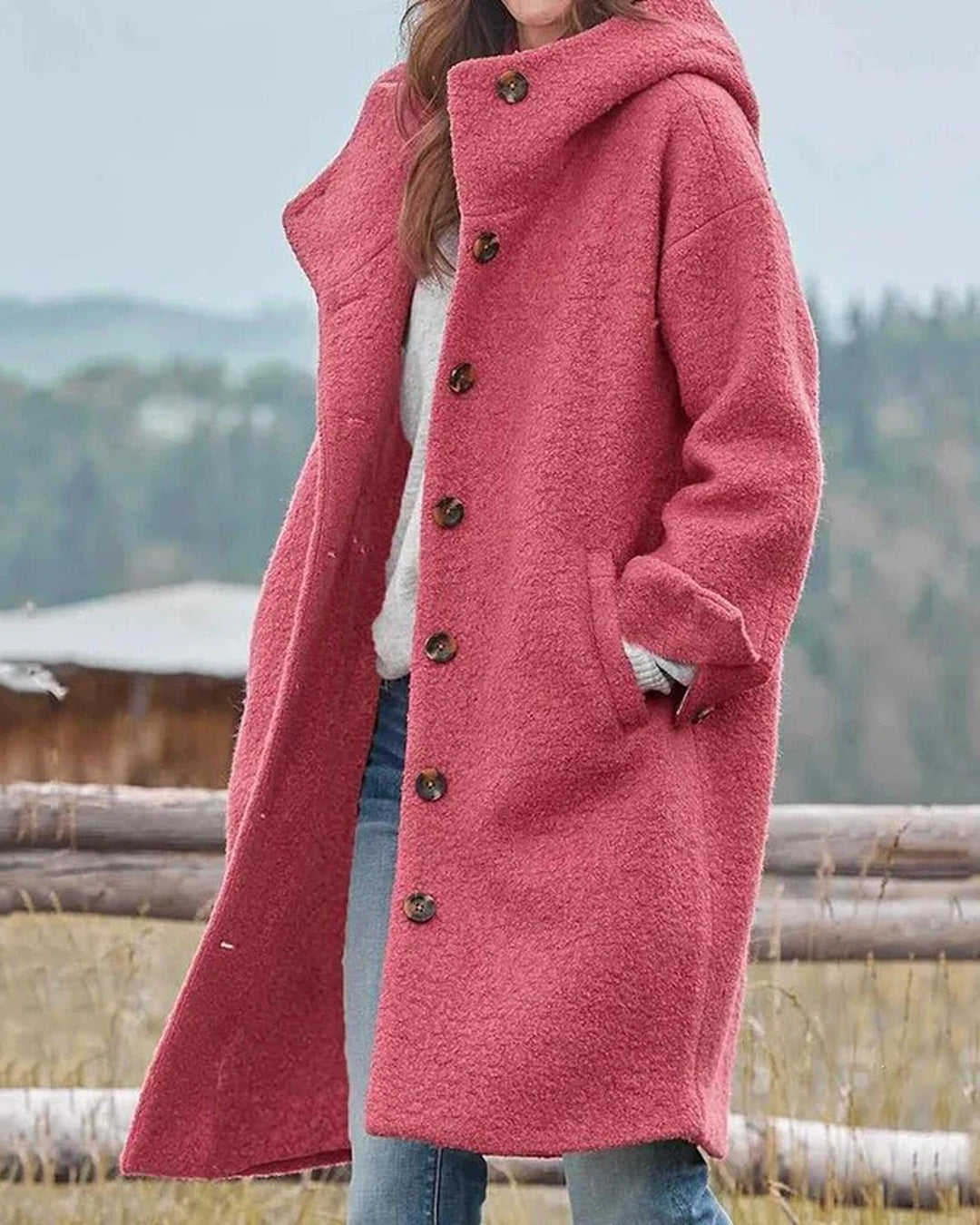 Women's long hooded button-front coat with flap pockets