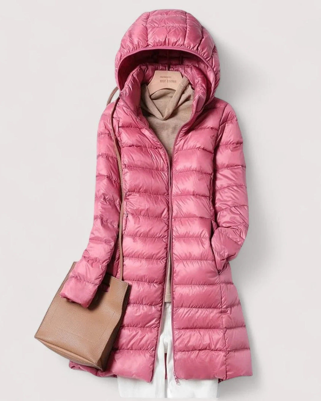 Women's long hooded quilted puffer coat with zip front