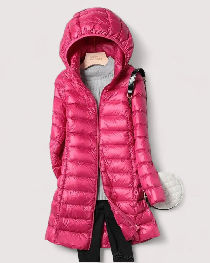 Women's long hooded quilted puffer coat with zip front