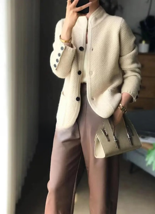Women's button-front textured knit cardigan jacket with stand collar and patch pockets