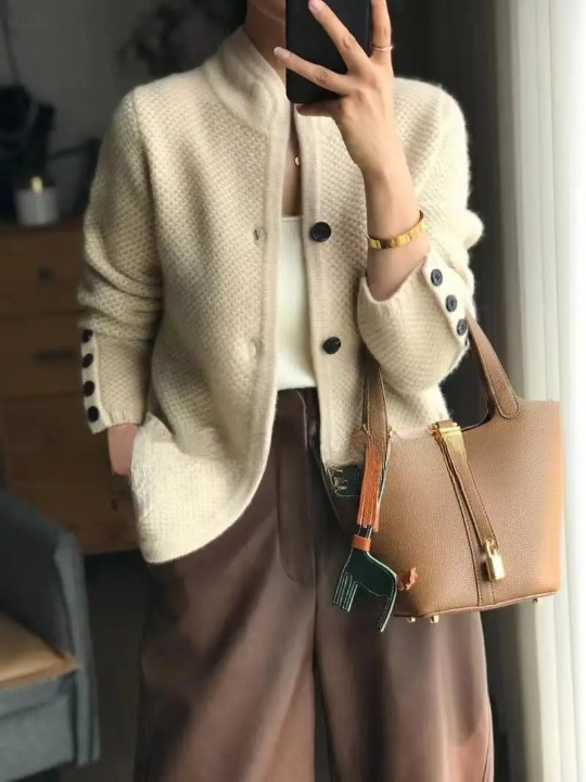 Women's button-front textured knit cardigan jacket with stand collar and patch pockets