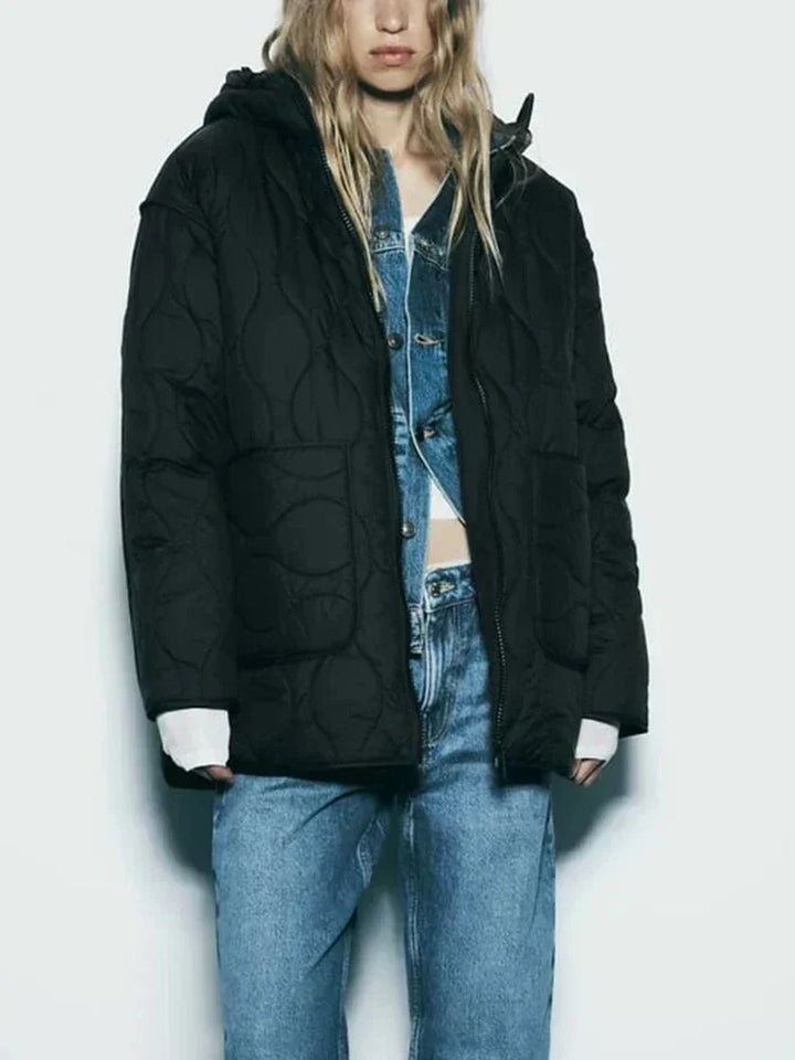 Quilted hooded jacket with zip front and two patch pockets