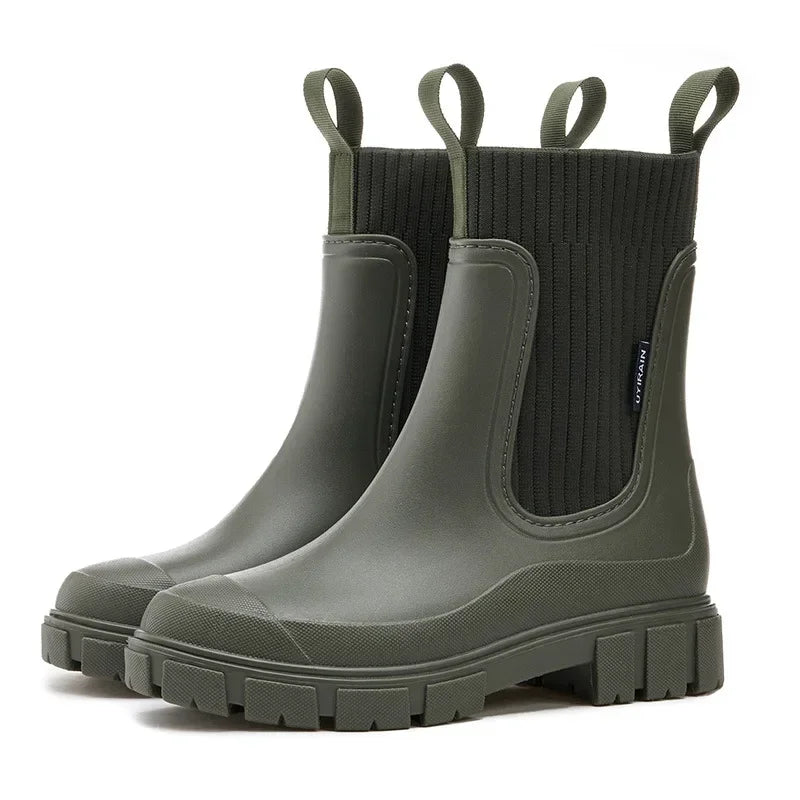 Women's Chelsea ankle rain boots with elastic panels and chunky treaded soles
