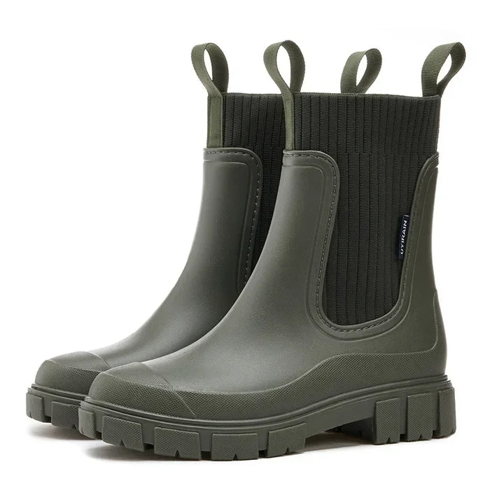 Women's Chelsea ankle rain boots with elastic panels and chunky treaded soles