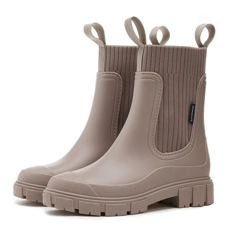 Women's Chelsea ankle rain boots with elastic panels and chunky treaded soles