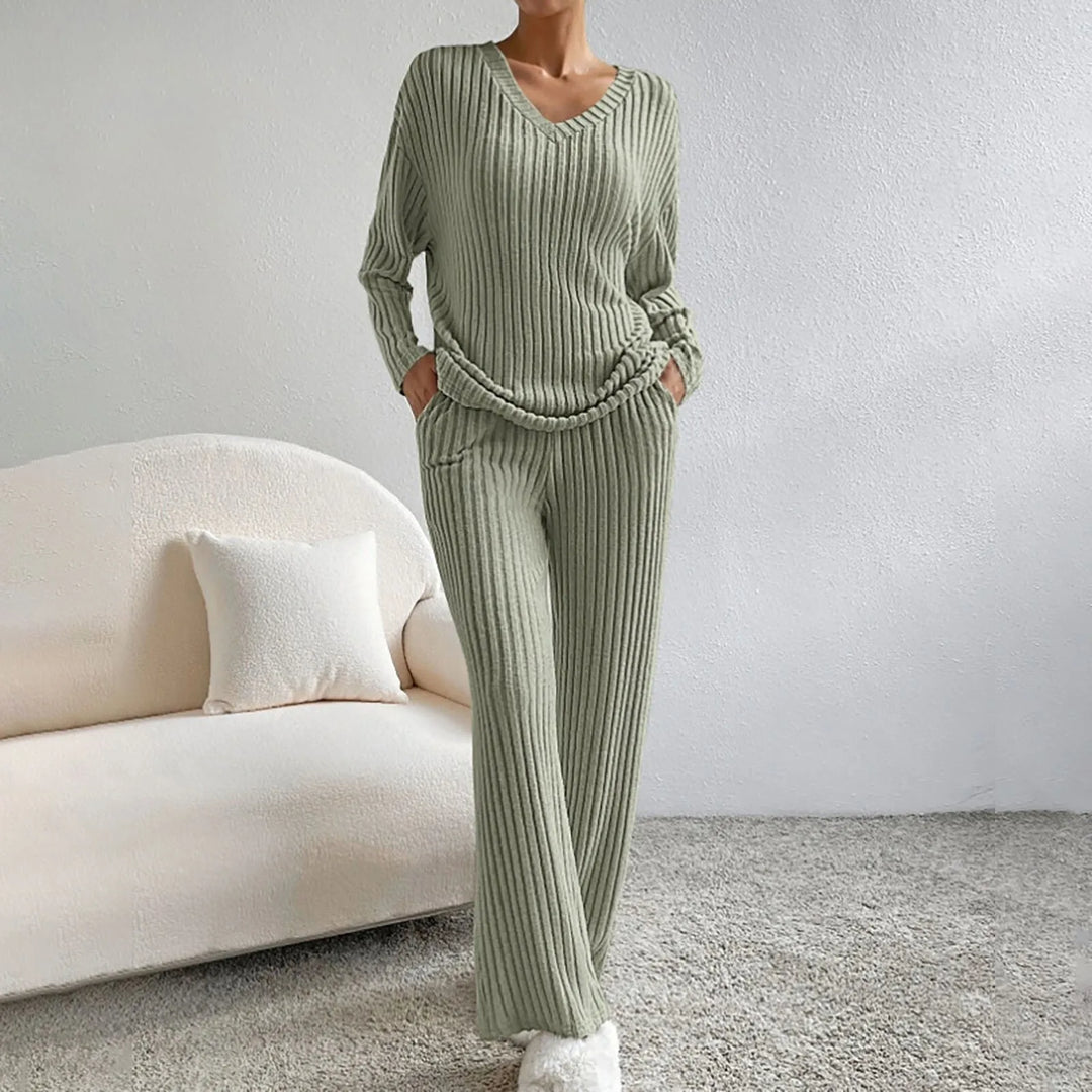 Women's ribbed lounge set with a V-neck long-sleeve top and wide-leg trousers