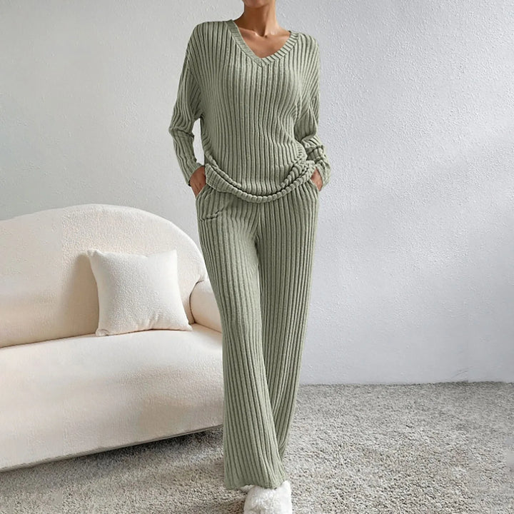 Women's ribbed lounge set with a V-neck long-sleeve top and wide-leg trousers