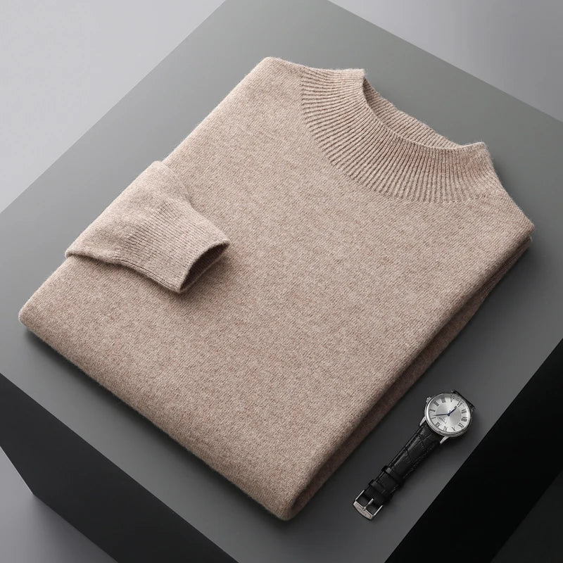 Folded solid knit sweater with ribbed crew neckline and cuffs