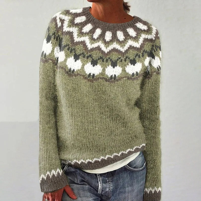 Women's Fair Isle crew neck jumper with long sleeves and patterned yoke
