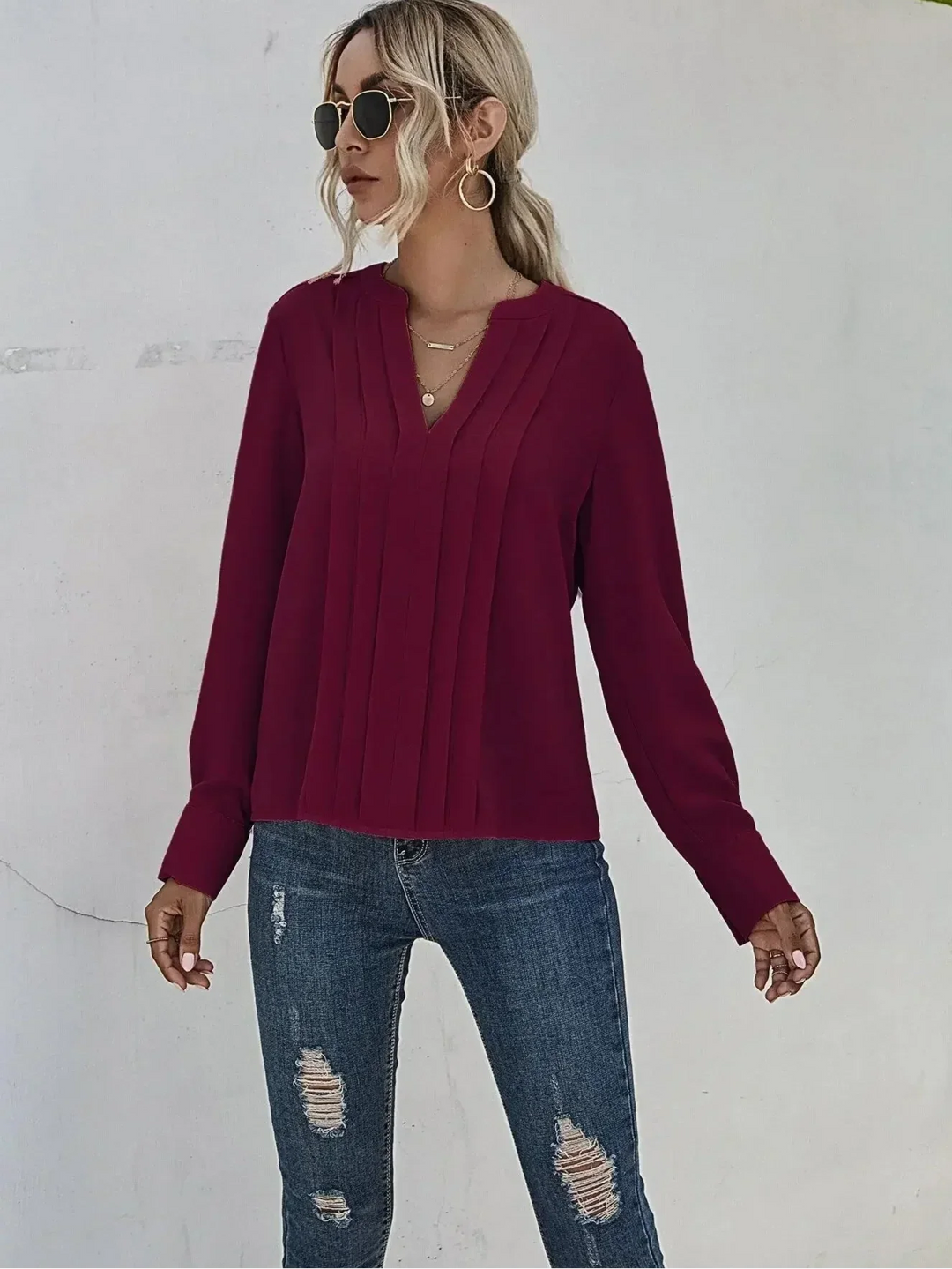 Blouse For Women | V-Neck Long Sleeve Pleated