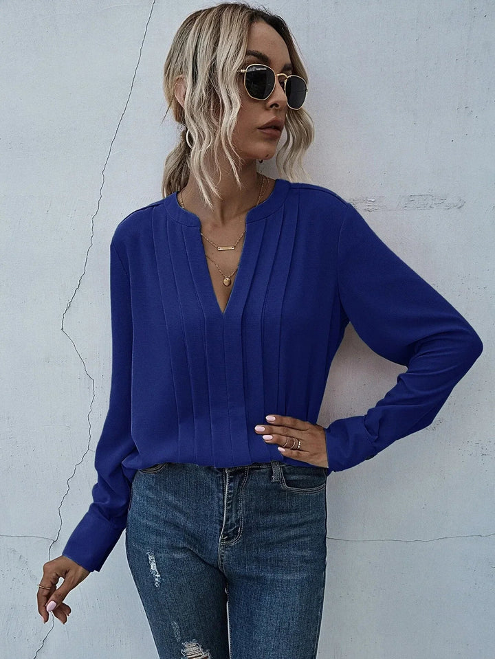 Blouse For Women | V-Neck Long Sleeve Pleated