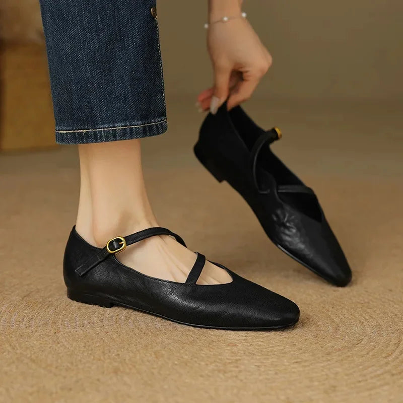 Women's Mary Jane flats with double buckle straps and low heels