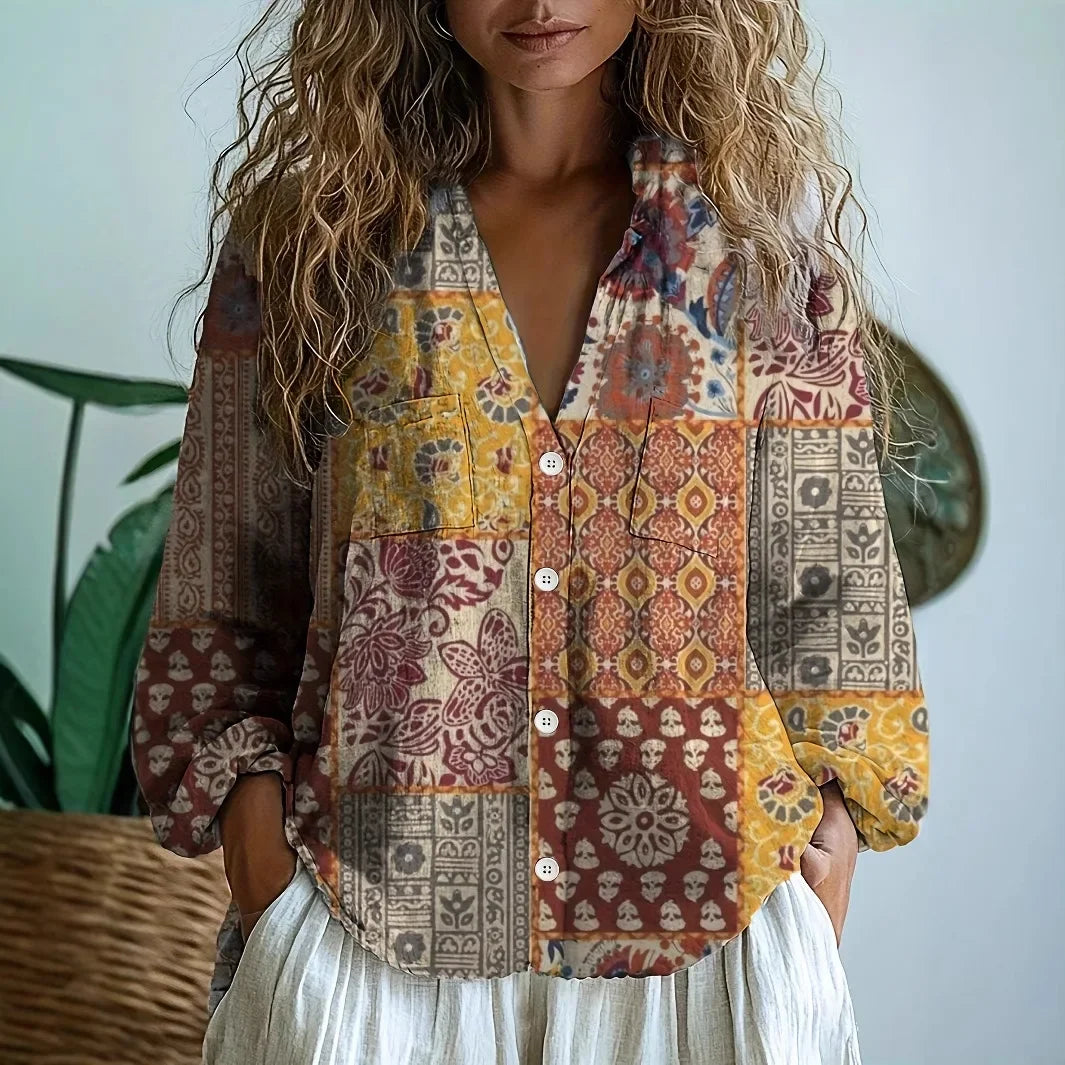 Women’s Blouse | Nature Print Split V-Neck