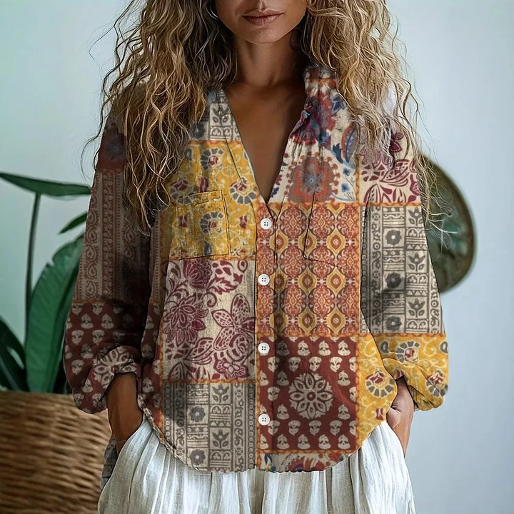 Women’s Blouse | Nature Print Split V-Neck