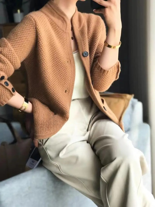 Women's button-front textured knit cardigan jacket with stand collar and patch pockets