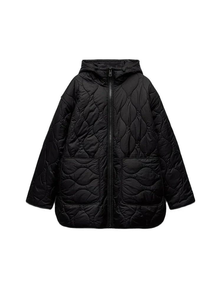 Quilted hooded jacket with zip front and two patch pockets