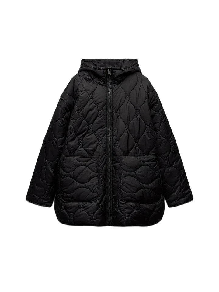 Quilted hooded jacket with zip front and two patch pockets