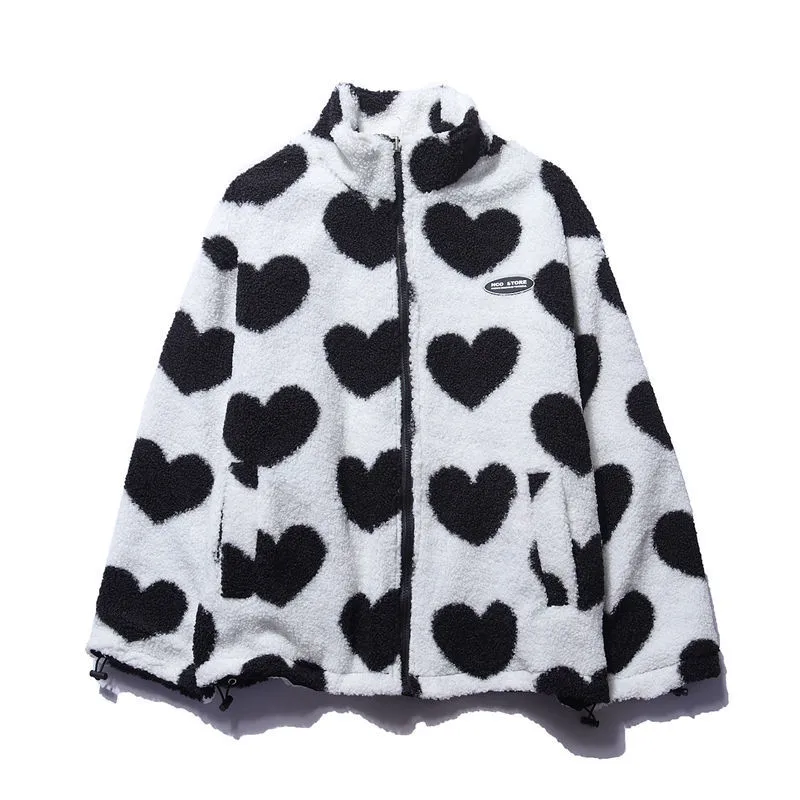Reversible jacket with heart-patterned textured side, high collar and zip front