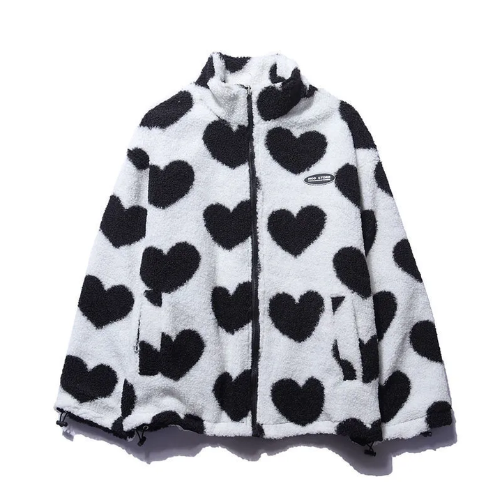 Reversible jacket with heart-patterned textured side, high collar and zip front