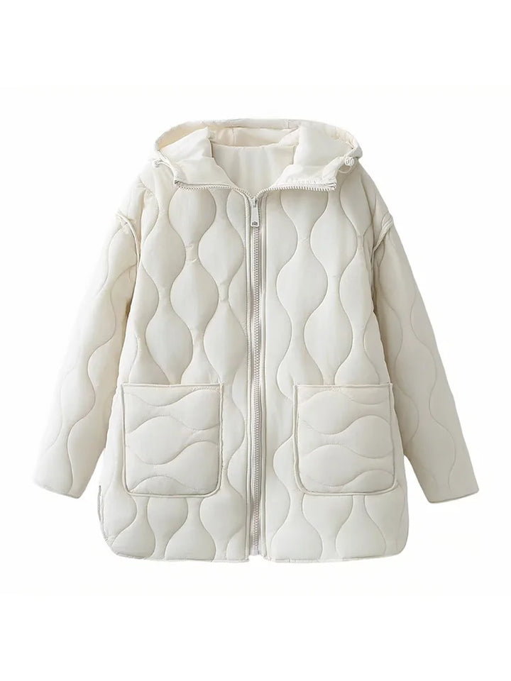 Quilted hooded jacket with zip front and two patch pockets