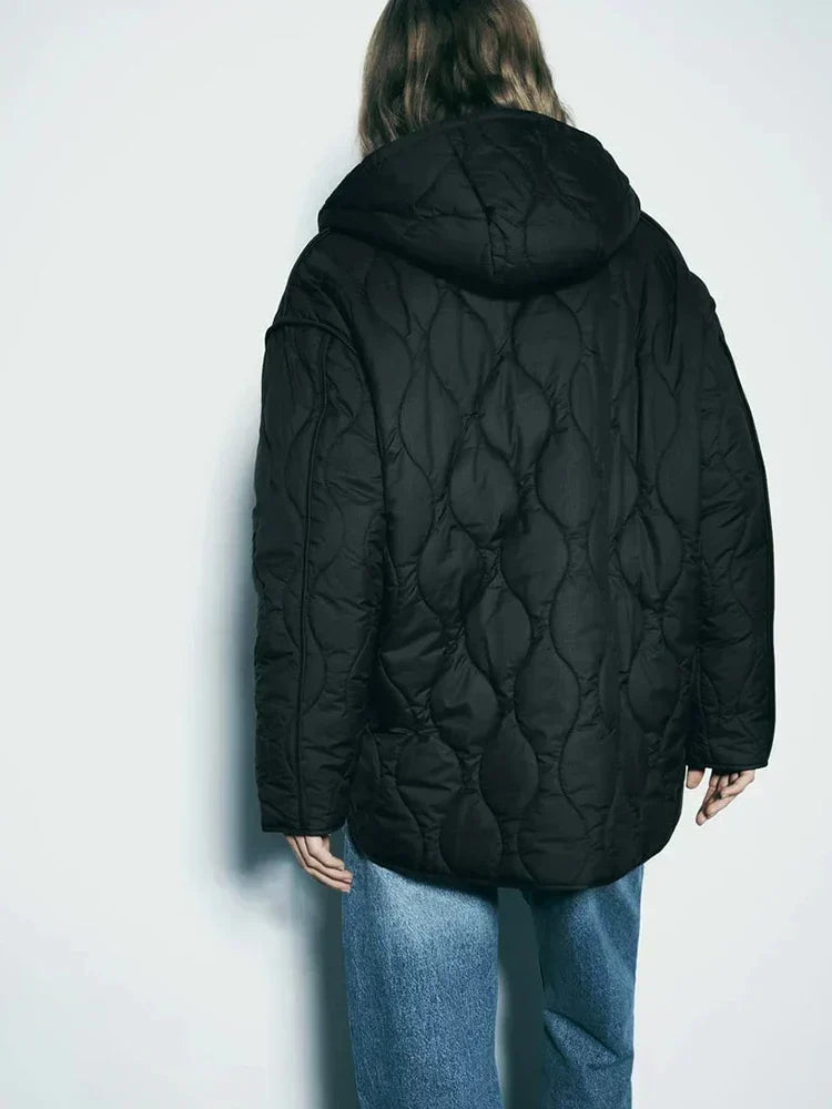 Quilted hooded jacket with zip front and two patch pockets