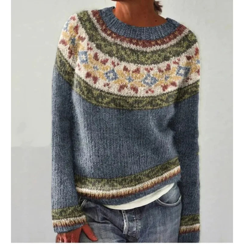 Women's Fair Isle crew neck jumper with long sleeves and patterned yoke