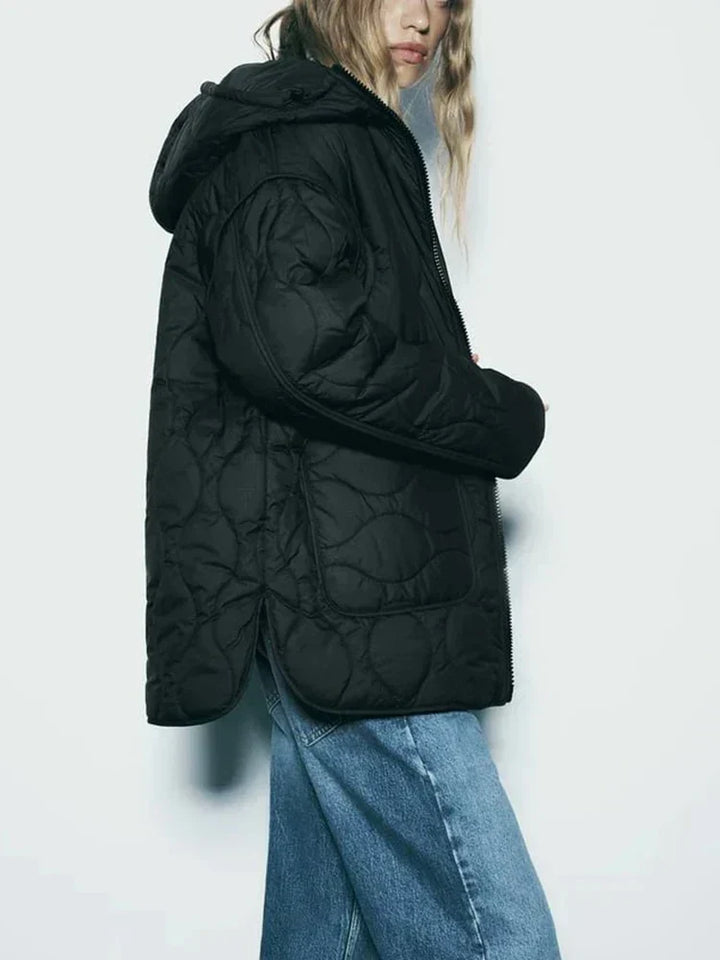 Quilted hooded jacket with zip front and two patch pockets